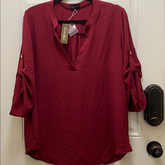 Zenobia Tops - Zenobia Women’s BurgundySheer VNeck Blouse NWT 3XL